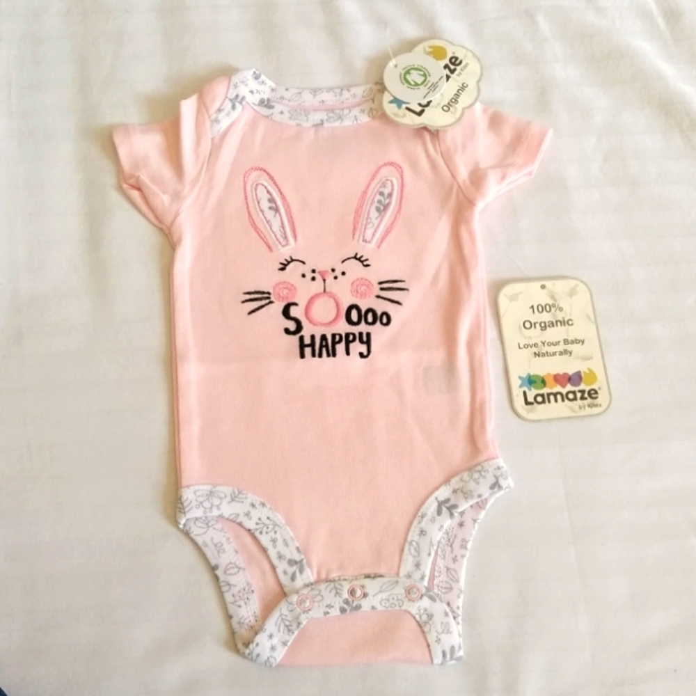 Pink bunny baby Onesie 3 m 100 porcent organic Lamaze.embroidery easter cute .